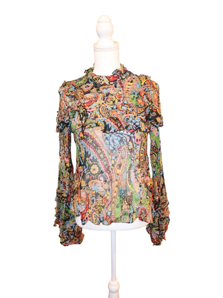 Etro Womens Sheer Paisley Multicolor Long Sleeve Ruffle Blouse Size 42